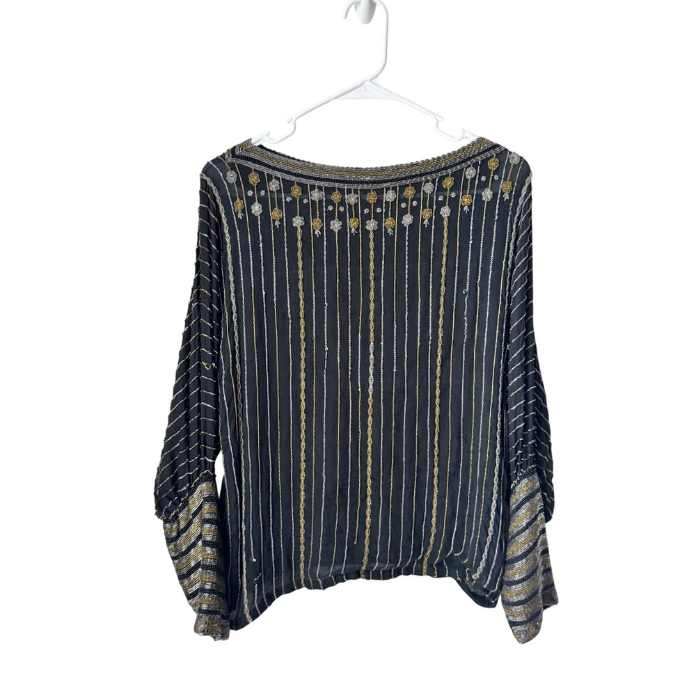 Judith Ann Creations Vintage Black Silk Beaded Blouse Gold Silver Pinstripe S
